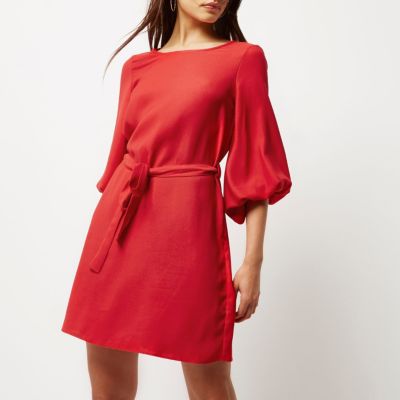 Red puff sleeve swing dress